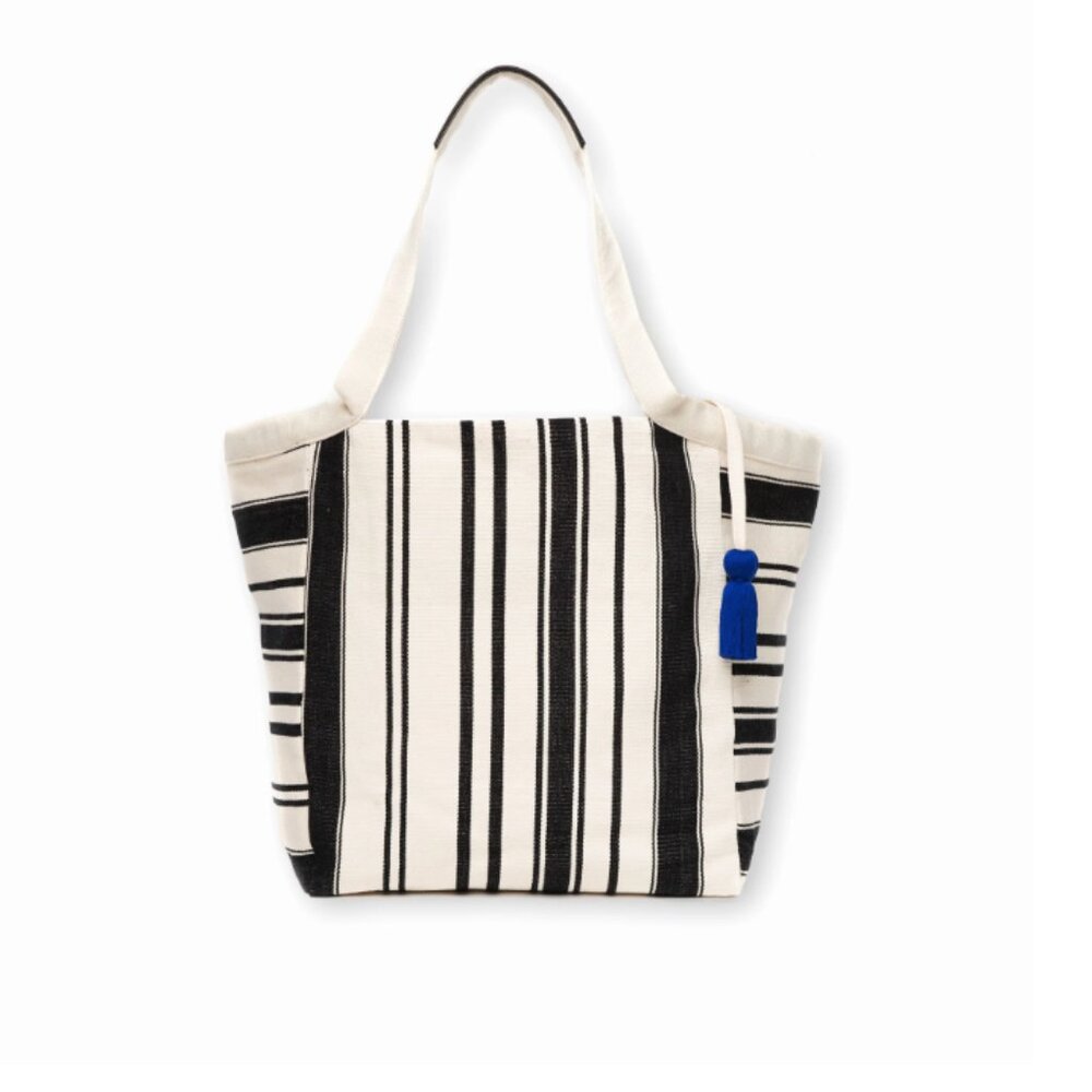 Mercado Global 100% Cotton Striped Rosa Tote Black/White with Tassel Closure